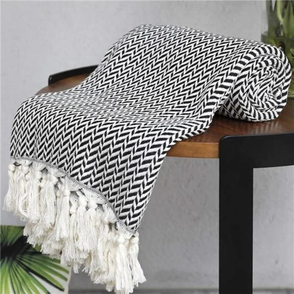 NEW West Elm Boho Black & White Turkish Cotton Throw Blanket Bedding - 60